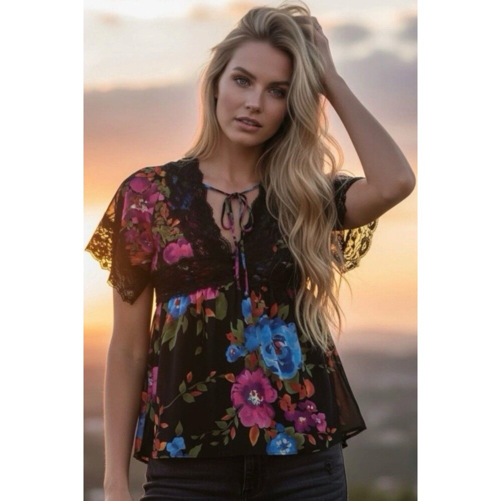 Forever 21 Y2K Style Floral Lace Tie Front V-Neck Blouse Flutter Sleeve Black S
